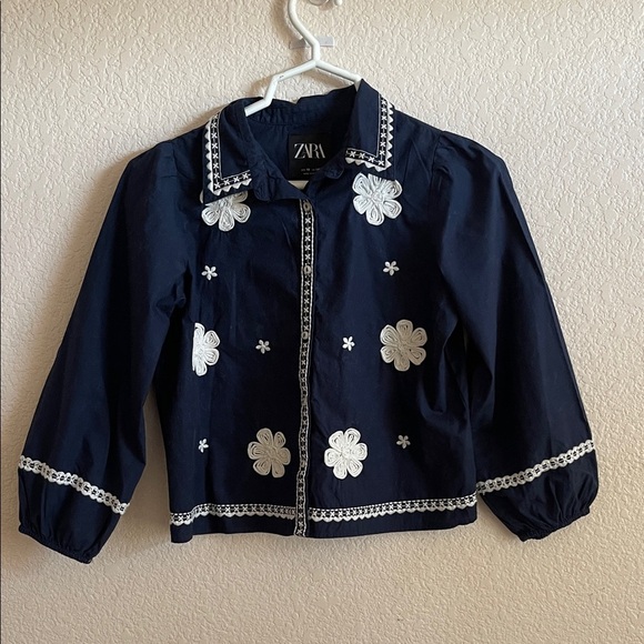 Zara Kids Dark Blue Jacket with White Floral Details - Picture 1 of 5